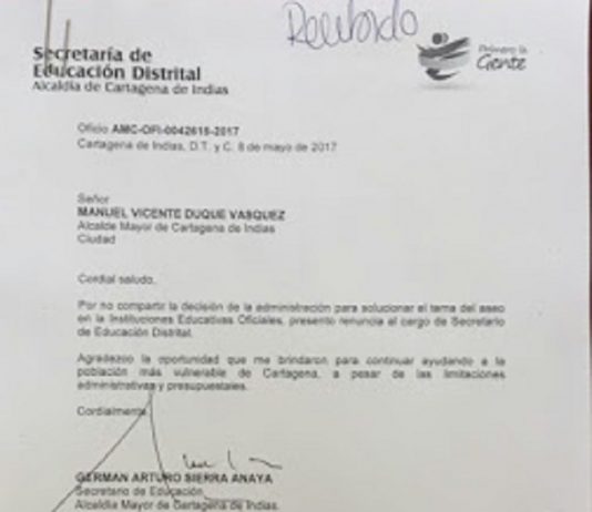 Renuncia Secretario Distrital de educación de Cartagena Renuncia Secretario Distrital de educación de Cartagena