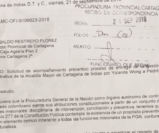 Alcalde Pedrito Pereira solicita acompañamiento de la Procuraduría para proceso de empalme Carta a ala procuraduria
